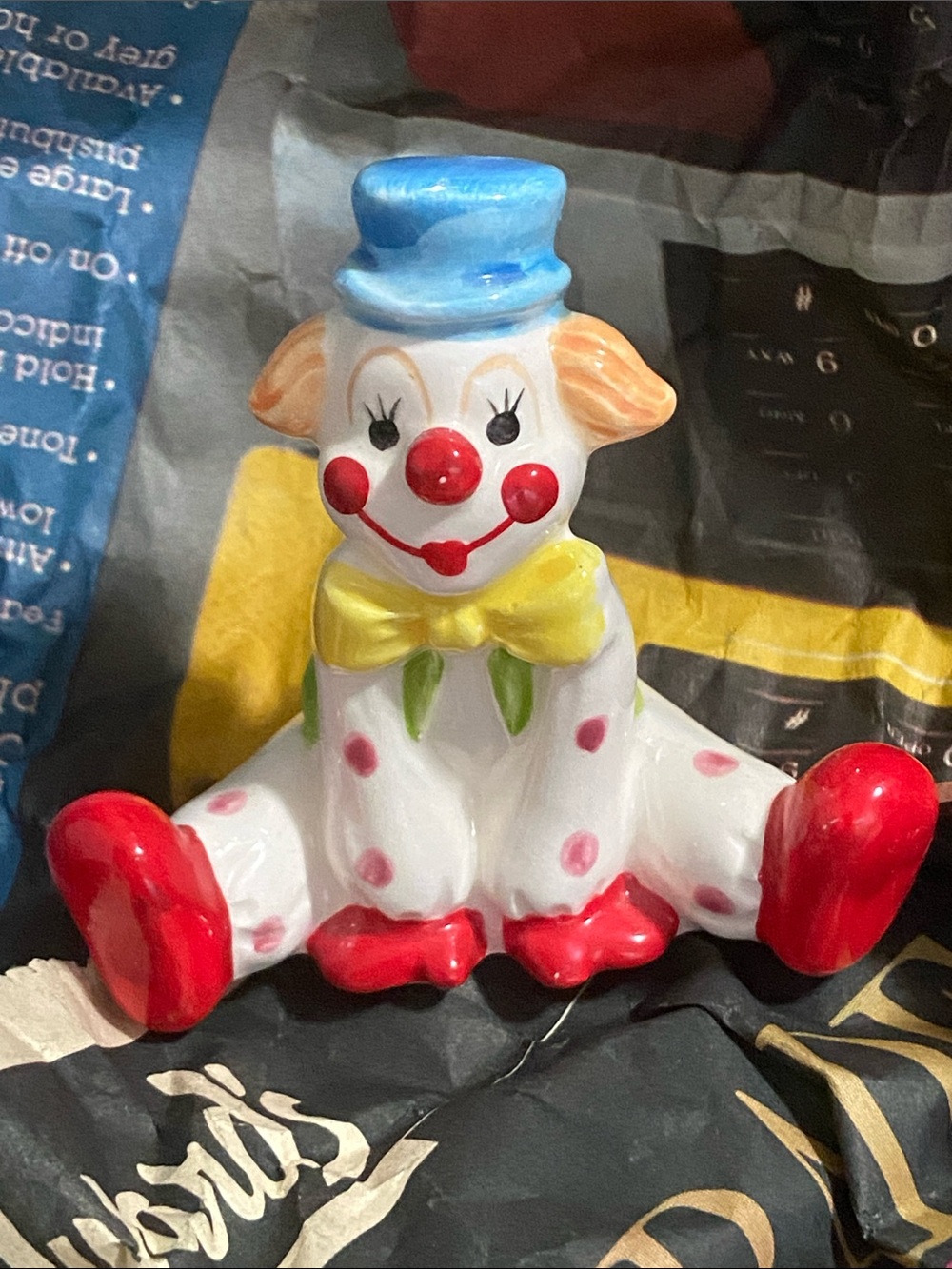 Vintage Ceramic Clown Figurine in White, Red, Blue & Yellow Japan